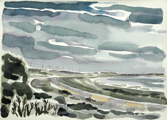 Spurn Point with moon, looking south