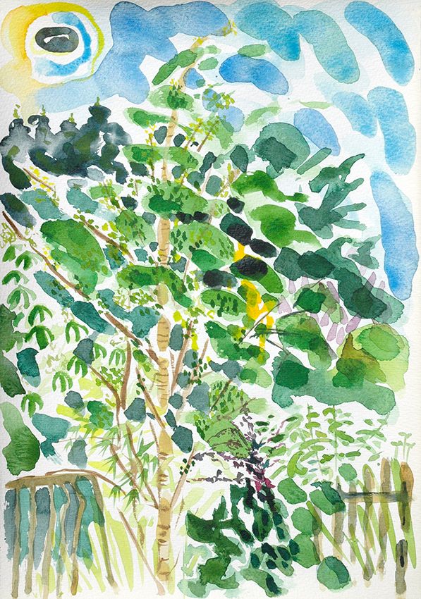 a watercolour sketch - silver birch tree in the foreground, trees and foliage behind, cerulean sky pouring down around the right hand side