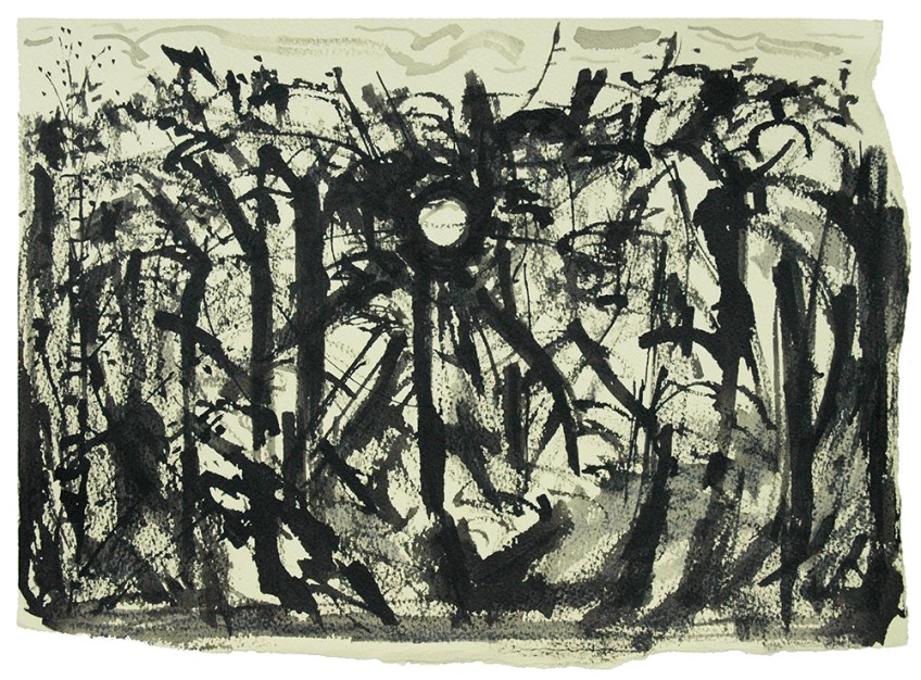 Sun Behind The Woods, ink drawing by Jo Dunn, 2014