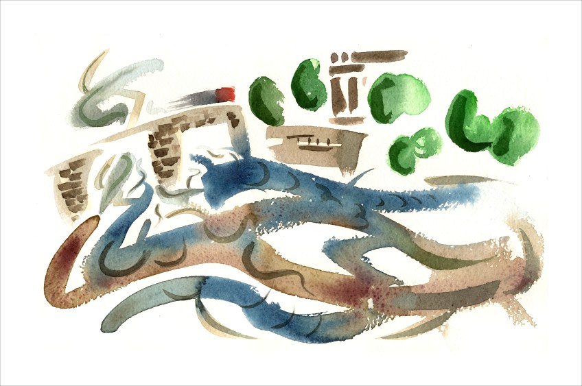 River Wharfe and No 36 Bus III, painting by Jo Dunn, 2016