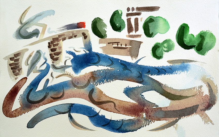 River Wharfe and No 36 Bus III, painting by Jo Dunn, 2016