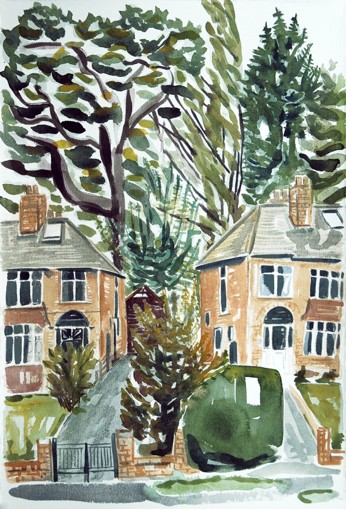 British Suburban Houses, watercolour painting by Jo Dunn, 2013