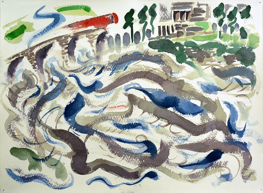 River Wharfe and No 36 Bus II, painting by Jo Dunn, 2016