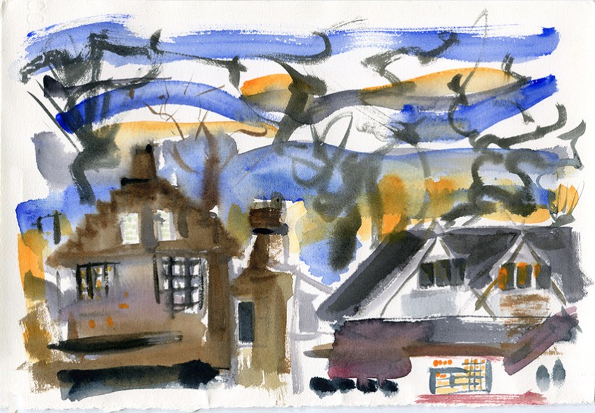 The houses opposite at sunset, the sky is complicated with the bare trees and the colours of the sunset