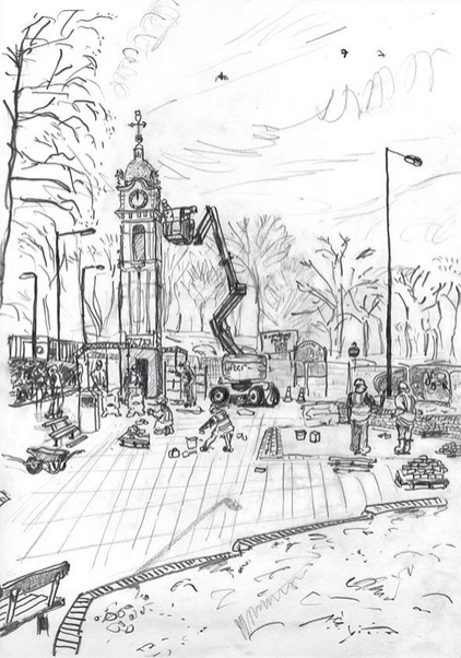 Oakwood Clock, during restoration April 2015, pencil drawing