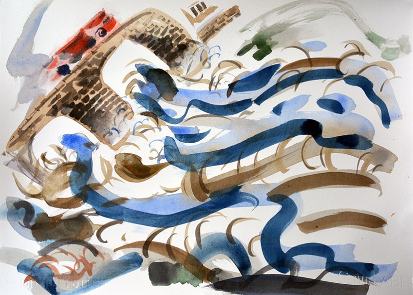 Number 36 bus goes over Harewood Bridge and the river is high and roaring from all the recent rain