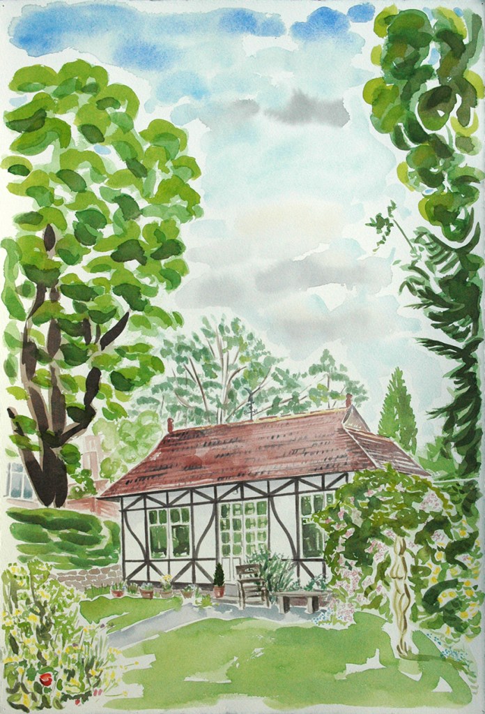 Watercolour painting of a former tennis pavilion now used as a summerhouse in Leeds 8. This paiting was a commission from the owners. But I would have painted it anyway.