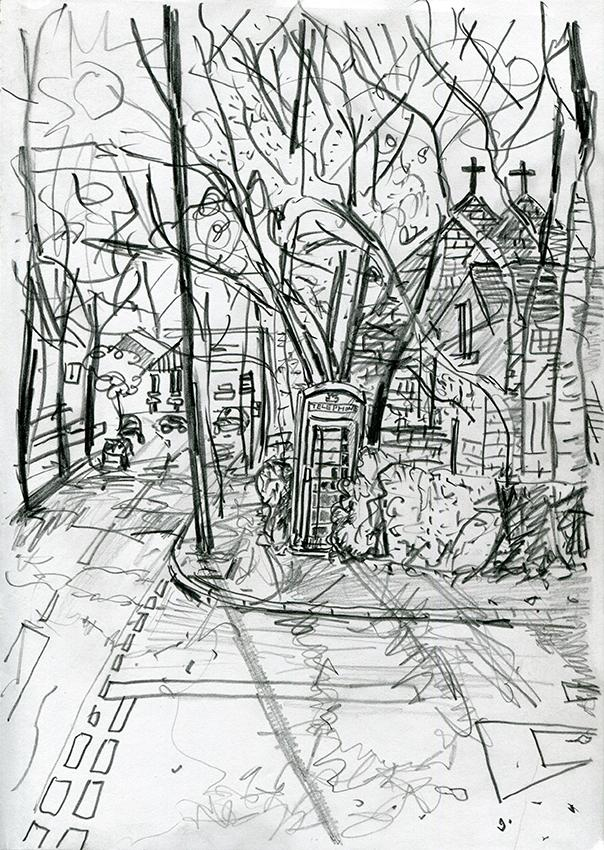 Phonebox, Lidgett Park Road - pencil drawing by Jo Dunn, 2016