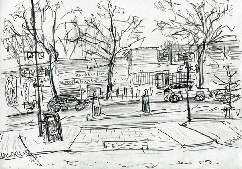 Roundhay Road, Oakwood - pencil drawing by Jo Dunn, 2017