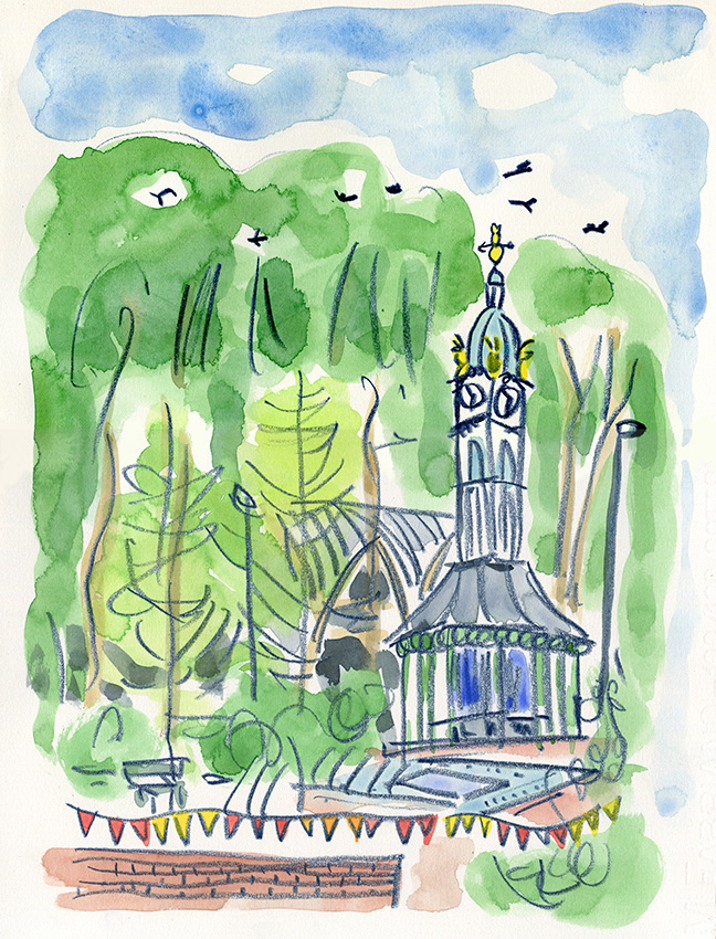 Oakwood Clock, crayon and watercolour, by Jo Dunn, 2016
