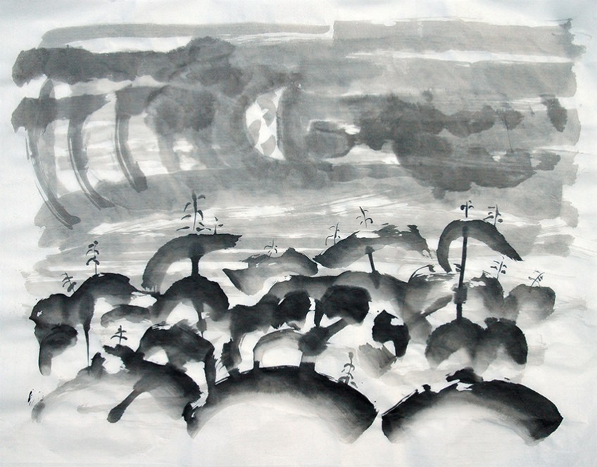 Moon over treetops ink on paper