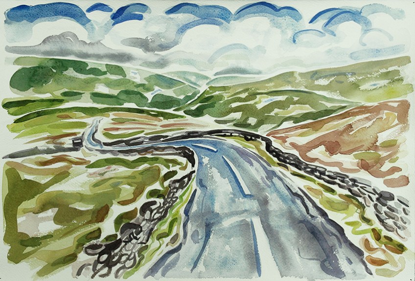 Coming down from Buttertubs Pass in the Yorkshire Dales - headed towards the T-junction by Thwaite - this is Upper Swaledale. Bicycles will be coming here soon - Tour de France 2014 Stage 1, Leeds to Harrogate, 2014