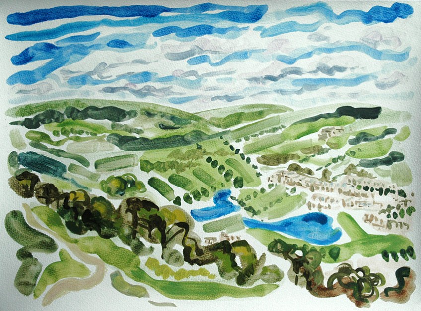 Oil painting on paper of the view from the Chevin, a hill overlooking Otley in Wharfedale, West Yorkshire. Keep going in the direction of the horizon and you get to the Yorkshire Dales.