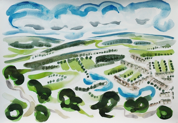 View from the Chevin III, watercolour. View of Otley from the Chevin - the hill that hangs over the town on the south side. This one actually shows the houses - as well as trees and moors.