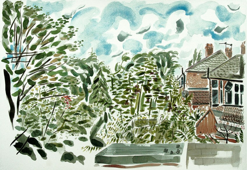 Watercolour painting of suburban houses backing onto Gledhow Valley Woods in Leeds 8