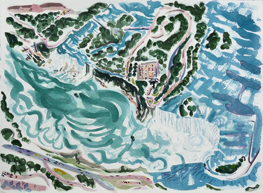 Painting of Niagara Falls seen from a helicopter