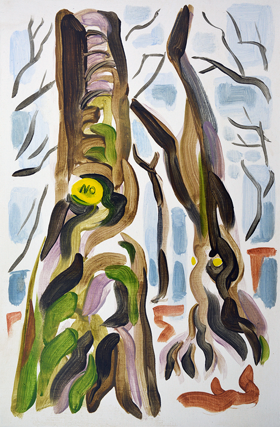 The word NO is graffiti'd onto a yellow spot painted on a tree. The yellow spot is spray paint and marks the tree for felling. Gledhow Valley Woods, Leeds 8