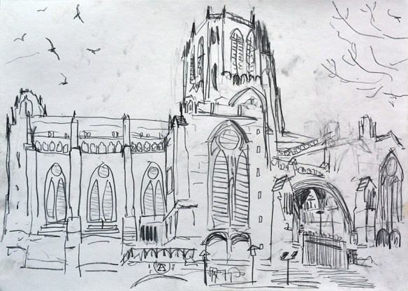 Liverpool Cathedral pencil drawing by Jo Dunn 2017