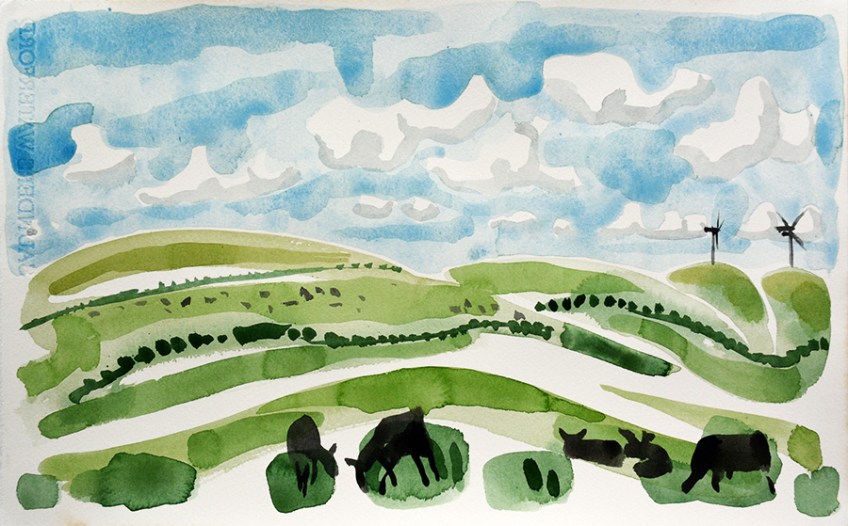 Zwartbles and Wind Turbines, Galloway - painting by Jo Dunn