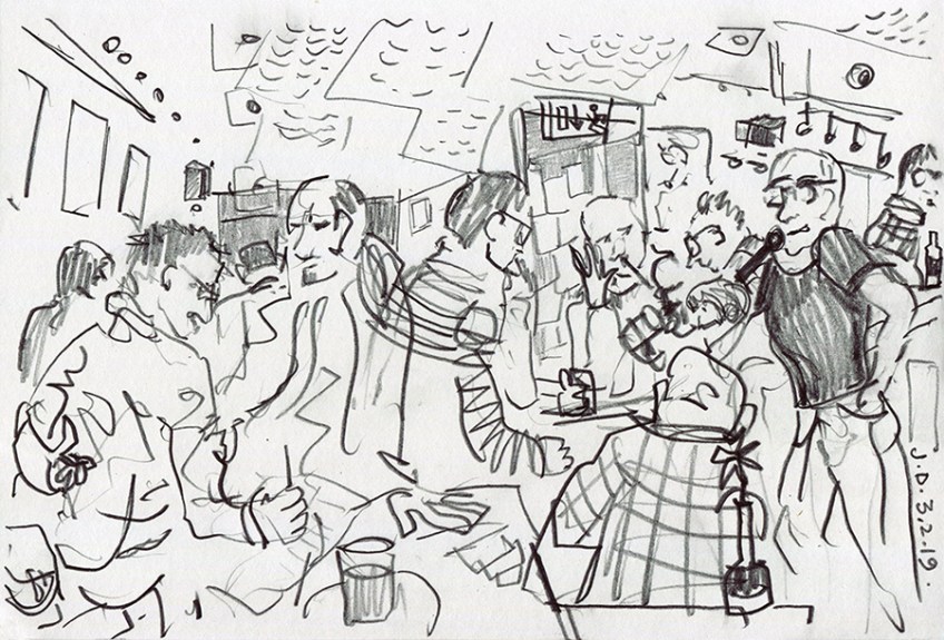 Sunday Night is Quiz Night (Seven Bar, LS7) - pencil drawing by Jo Dunn 2019