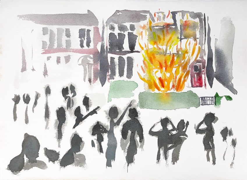 A Crowd Gathers, watercolour painting by J Dunn 2019