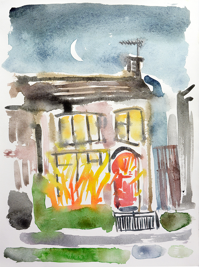 House Fire I - watercolour painting by Jo Dunn, 2019