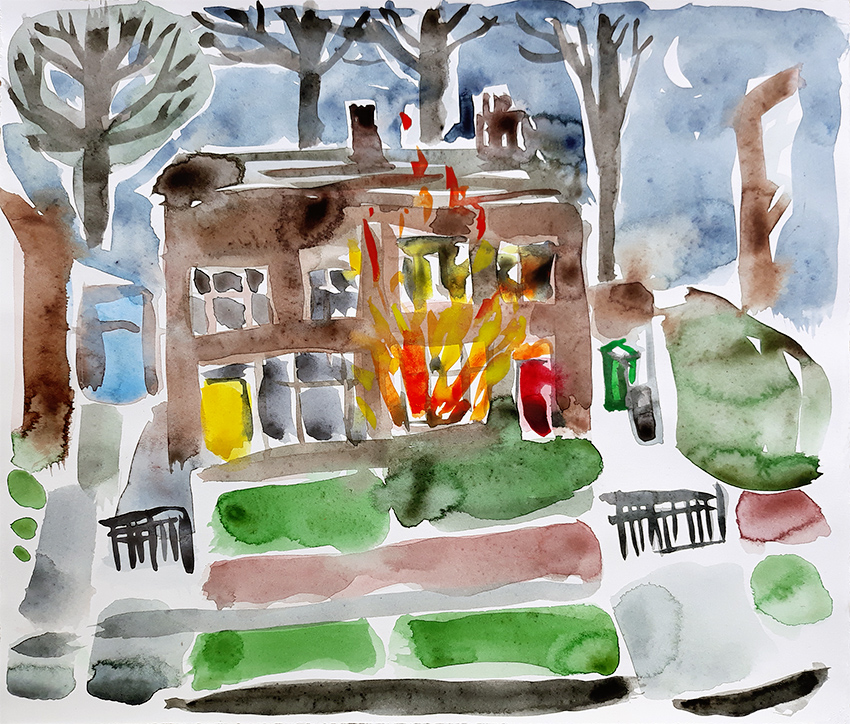 House on Fire -noriginal watercolour painting by Jo Dunn 2019