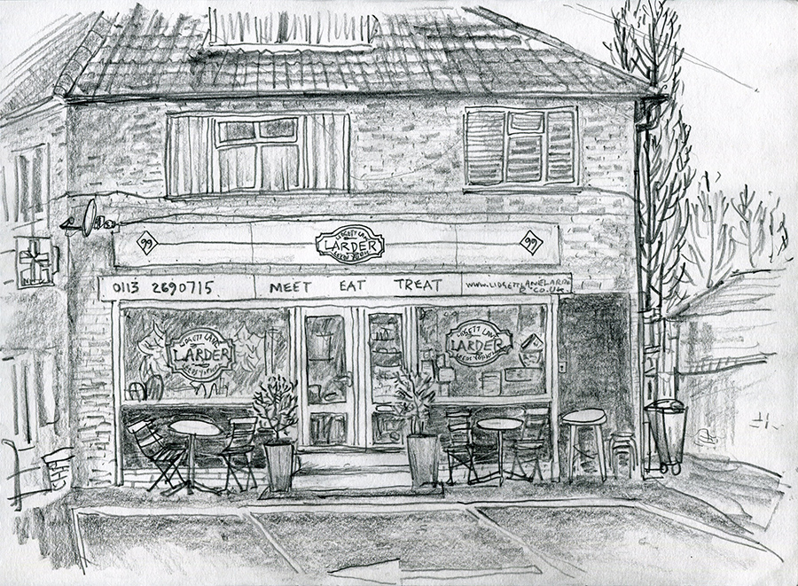 Lidgett Lane Larder, LS8 1QR - pencil drawing by Jo Dunn 2019