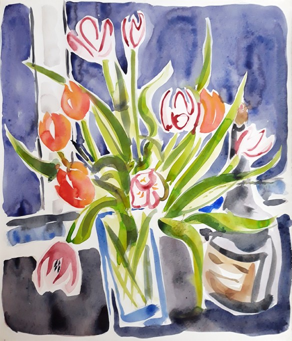 Still Life with Tulips - watercolour painting by Jo Dunn 2019