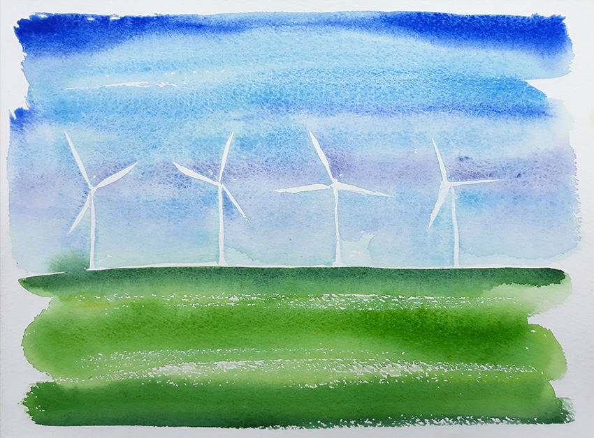 Wind Turbines, watercolour painting by Jo Dunn 2019