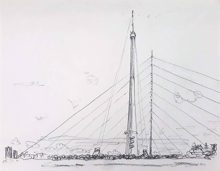 Emley Moor Mast and Temporary Transmitters pencil drawing 2019