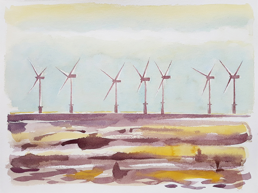 Burbo Bank Wind Farm II, watercolour painting by Jo Dunn