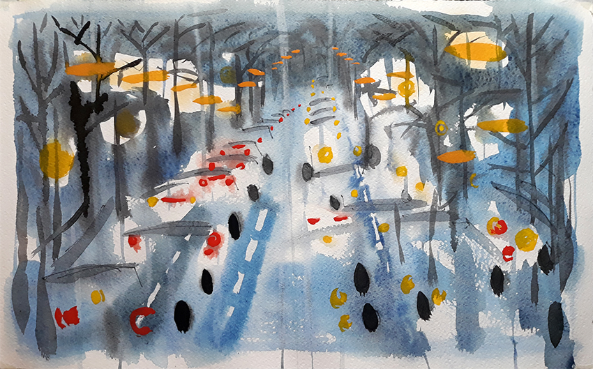 Jo Dunn Spencer Place in the Rain watercolour painting 2019