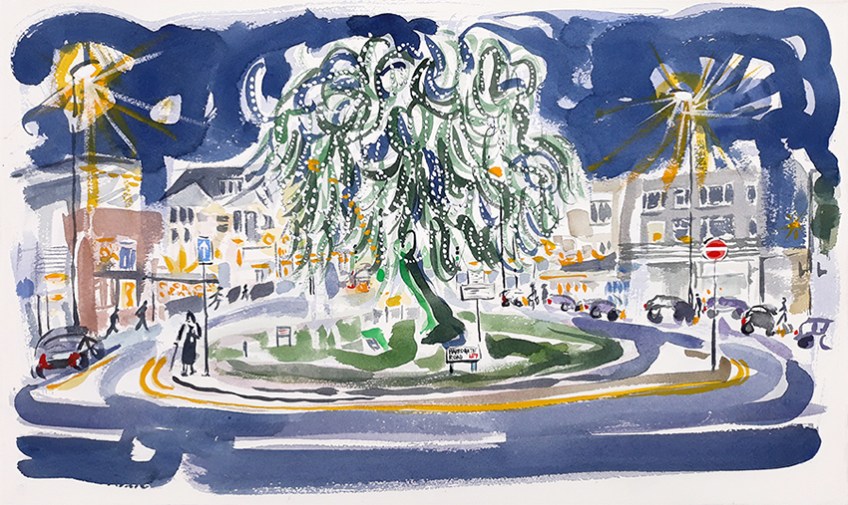 Chapel Allerton at Night - watercolour painting by Jo Dunn 2020