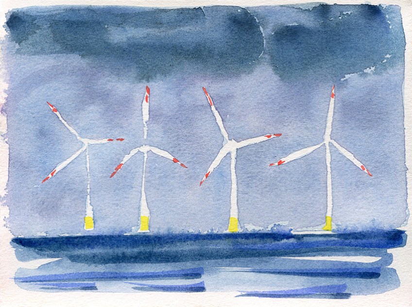 North Sea Wind Turbines - watercolour painting by Jo Dunn 2019