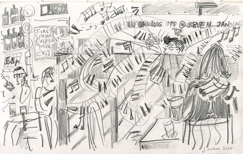 Ric Neale at Seven Arts, 08-01-2020 - pencil drawing by Jo Dunn 2020