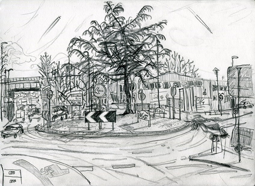 Roundabout Ring Road A6110/Royds Lane, LS12 - pencil drawing by Jo Dunn 2019