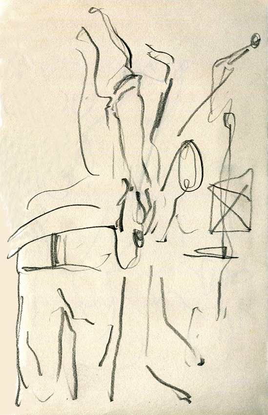 Rod Mason, Rush Hour Jazz V, 20-11-2019 - pencil drawing by Jo Dunn 2019