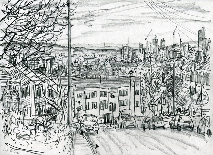 View from Roxholme Grove - pencil drawing by Jo Dunn 2019