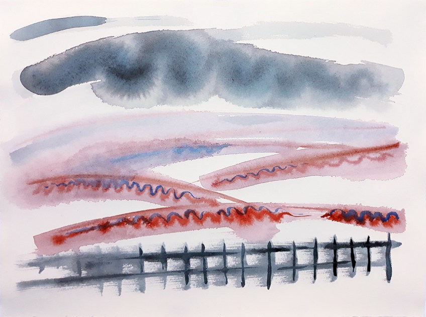 View from the A1, near Edinburgh II - watercolour by Jo Dunn 2019