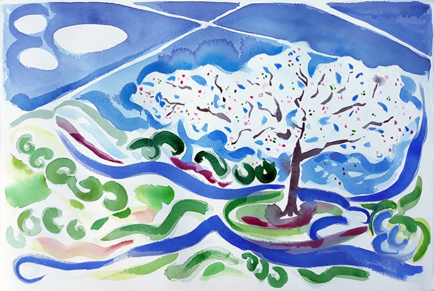 White Cherry Blossom Roundabout - watercolour painting by Jo Dunn 2019