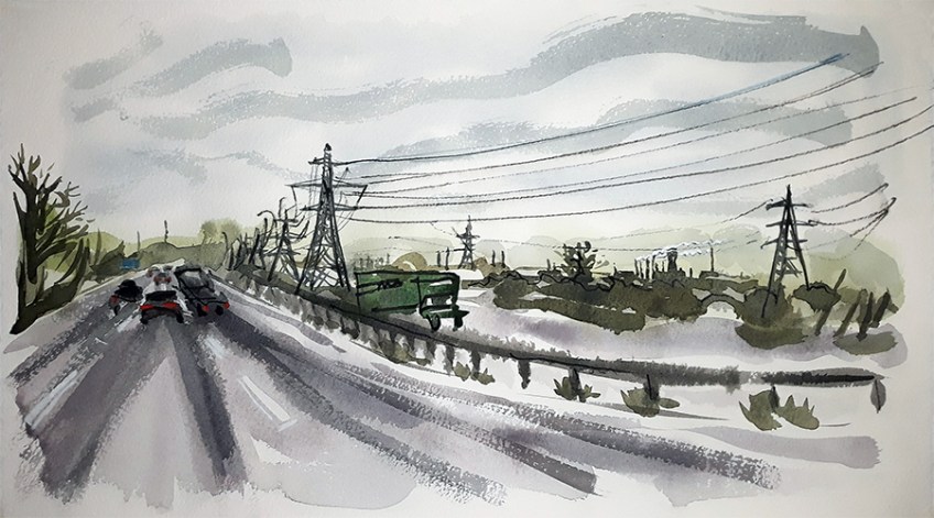 View from the M56 - painting by Jo Dunn 2020