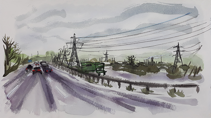 View from the M56 - painting by Jo Dunn 2020