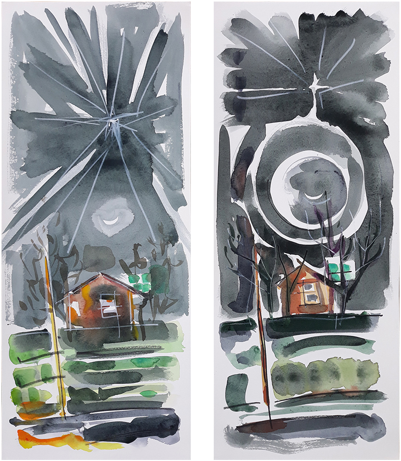 Leaving the Co-op, two paintings by Jo Dunn 2020