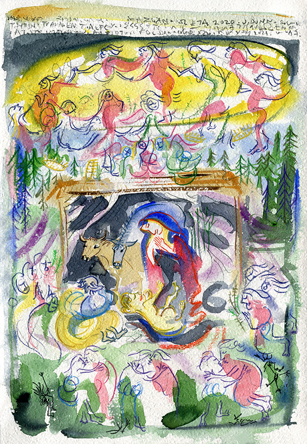 After Mystic Nativity, Botticelli 1500 - painting by Jo Dunn, 2020, to celebrate this Christmas, after a really bad coronavirus year