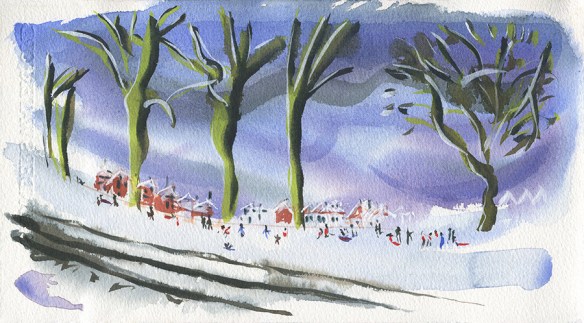 Friday Afternoon, Snow and No School. The watercolour painting shows a park on slope in the snow and people out playing, talking and sledging. January 2021