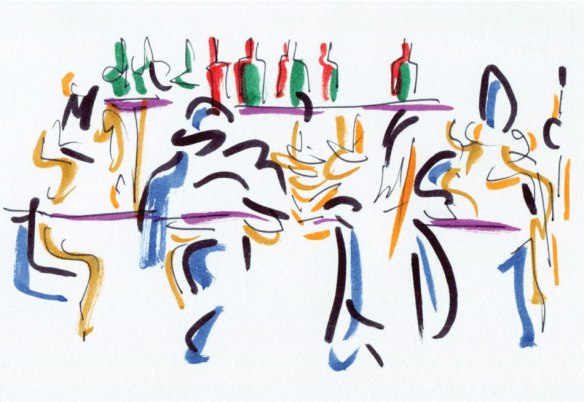People at the Bar, felt-pen on card, Jo Dunn 2023